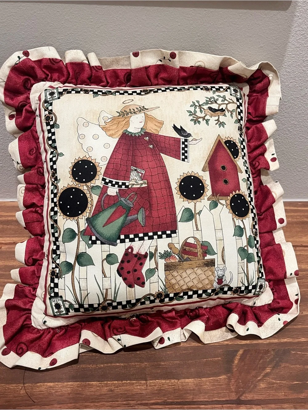 Sunflower Angel Debbie Mumm Accent Pillow Folk Art Cottagecore Garden 14X14”